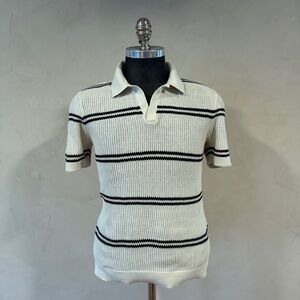 Abercrombie Cream Knit Polo Black Stripe Open Collar Textured